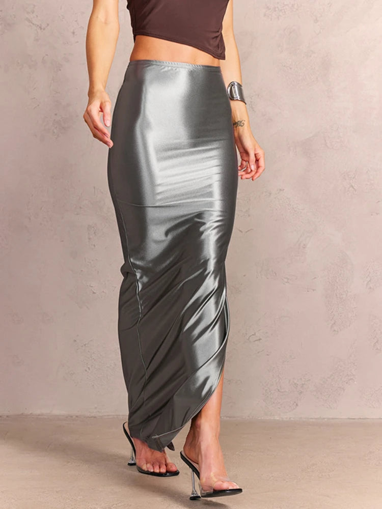 Satin Long Skirt Elegant High Waist Side Split Maxi Skirts Party Sexy Clothes for Women Summer