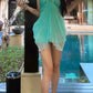 Starfish Metal Decoration Dress Women Halter Gradient Ruffles Folds Backless Sleeveless Beach Party Skinny Bodycon