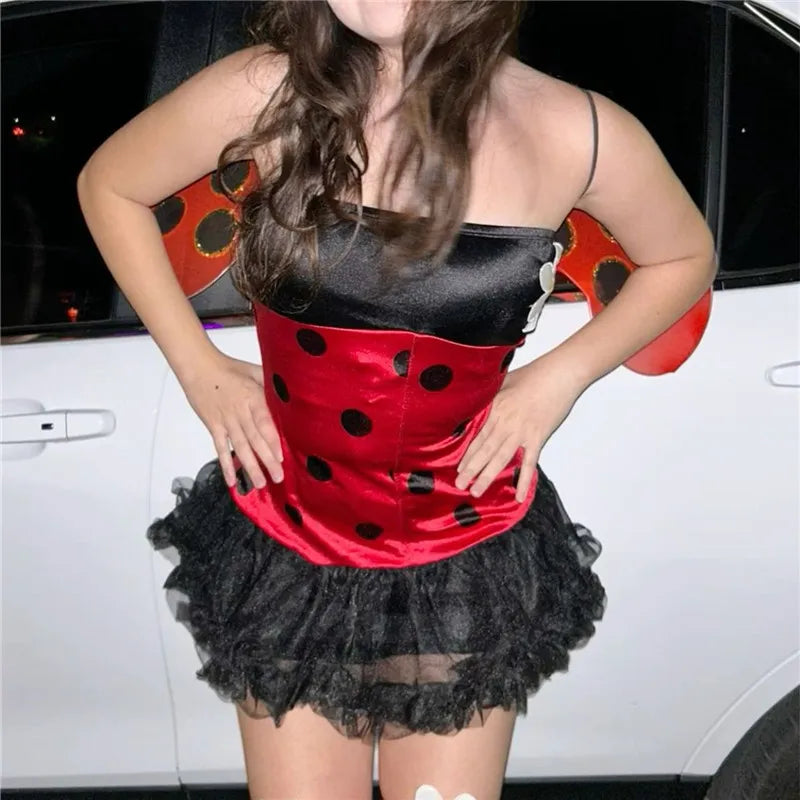 Halloween Bee Costume for Women Ladybug Cosplay Dress with Wings Headband Set Funny Adult Fairy Costumes