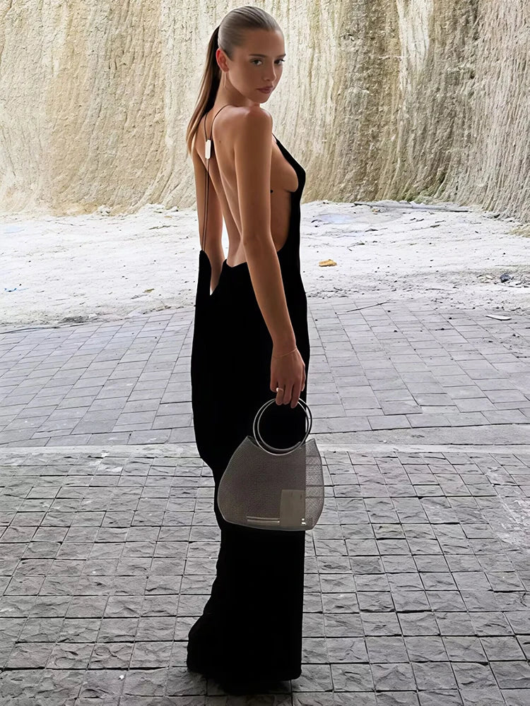 Spaghetti Strap Backless Sexy Maxi Dress Women Elegant Black Sleeveless Draped Bodycon Club Party Long Dress Female