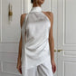 Sexy Backless Satin Halter Top Asymmetrical Hem Sleeveless Blouse with Flowing Strap for Nightclub and Party Events