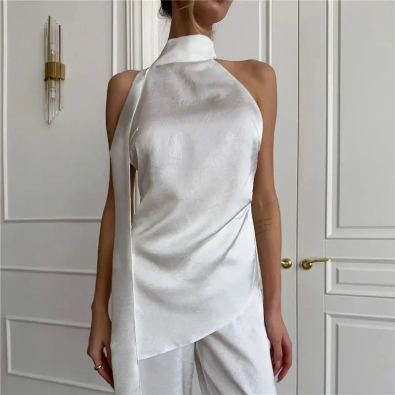 Sexy Backless Satin Halter Top Asymmetrical Hem Sleeveless Blouse with Flowing Strap for Nightclub and Party Events