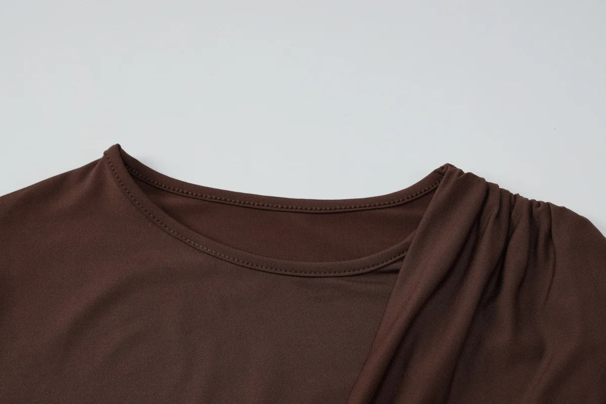 Long Sleeve Draped Short Dresses Fall Woman Clothes Fashion Sexy Brown Birthday Dress