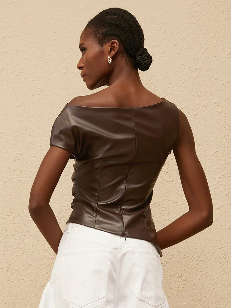 Faux Leather Tank Top Women Solid Slanted Collar Zip Ruched Slanted Hem Skinny Midnight Street Club Basic Wild Vest