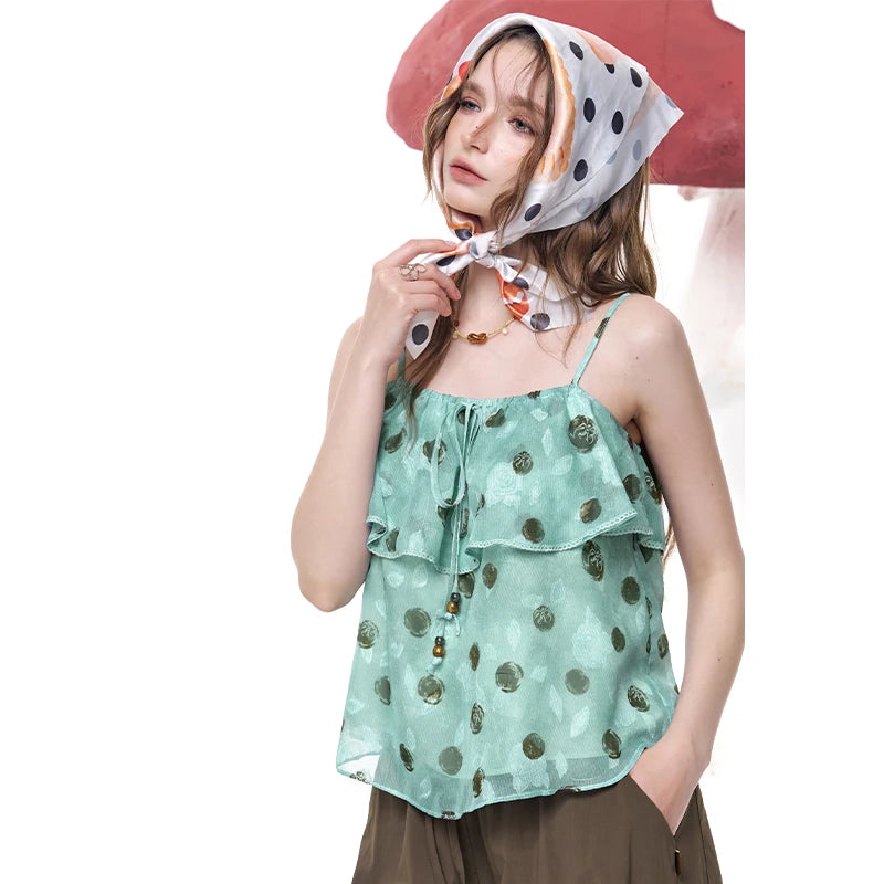 Polka Dot Ruffle Camisole, Beaded Drawstring Chiffon Cami Top, Mint Green Y2K Summer Sleeveless Blouse