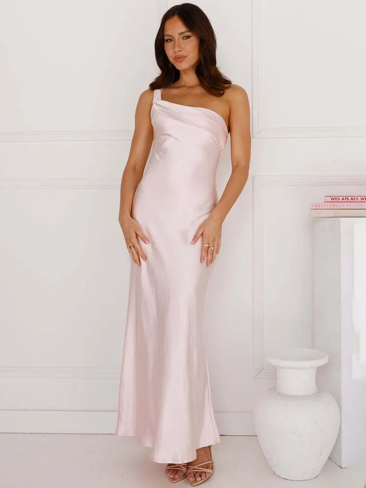 One Shoulder Backless Sexy Maxi Dress Women Gown Satin Skew Collar Sleeveless Thigh High Split Club Party Long Dresses