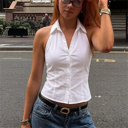 Women Y2K Striped Halter Neck Tank Top Sleeveless Collared Backless Button Down Slim Fit Cropped Shirt Summer Streetwear