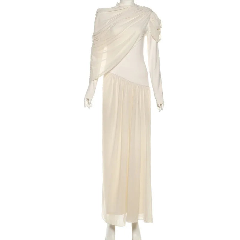 Asymmetrical Long Sleeve Pleated Maxi Dress Elegant Party Evening Dresses Winter Clothes Woman