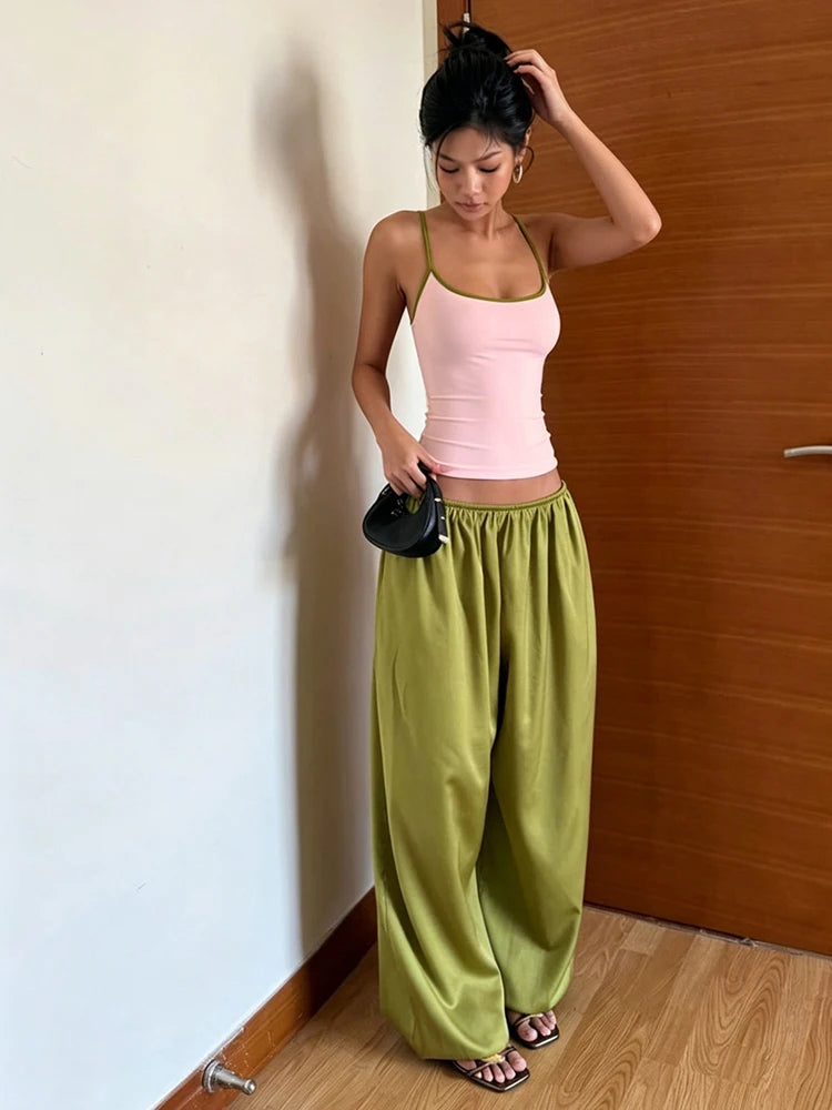 High Street 2 Piece Set Woman Color Blocking Low-Neck Backless Navel Exposed Camisole+Straight Pants Casual Fashion Suit