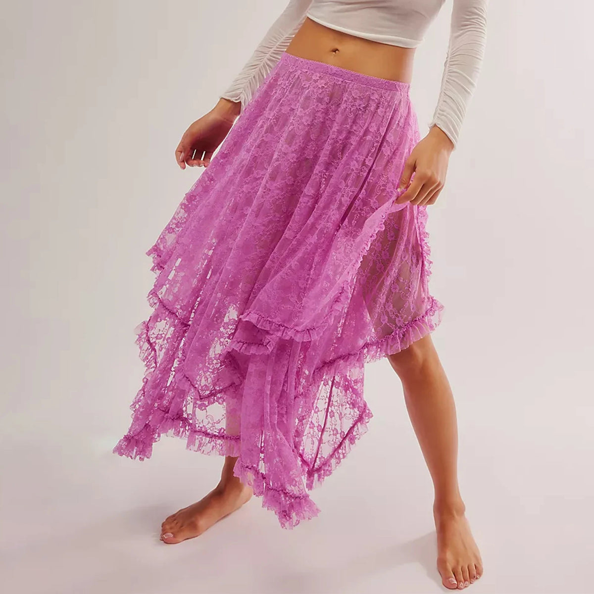 Floral Lace Long Skirt for Women Y2K Elastic Waist Asymmetrical Layered Maxi Skirt Sexy See Through Flowy Beach Skirt