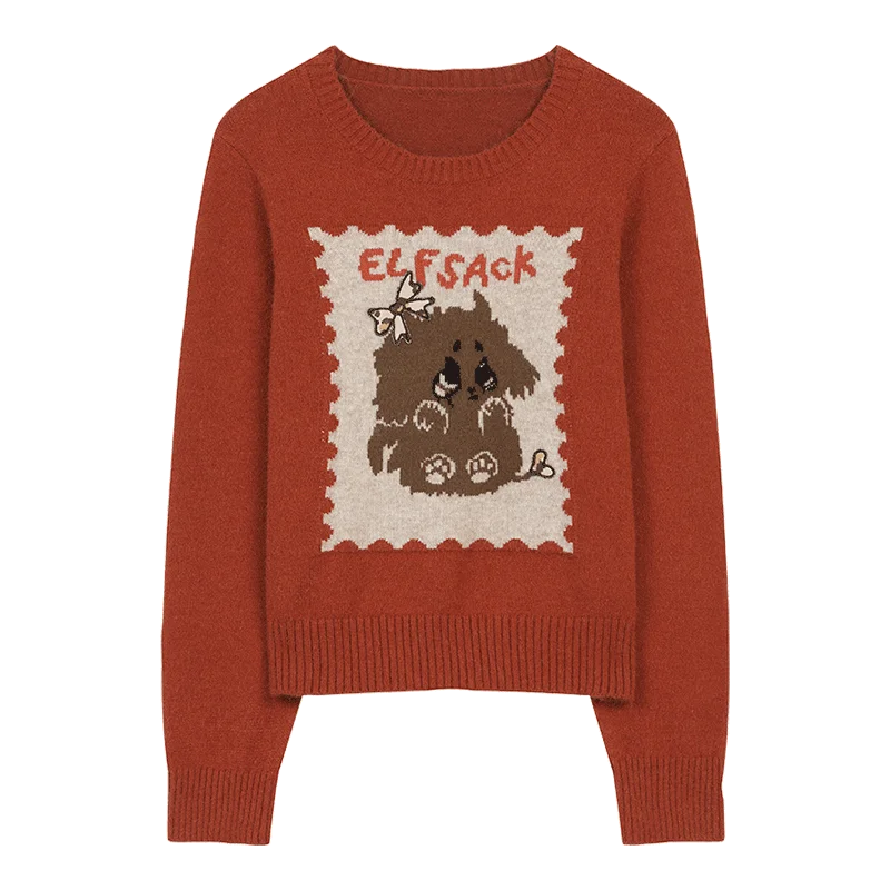 Women's Casual Pullover Sweater with Cartoon Animal Print, Long Sleeve Cozy Top for Everyday Wear