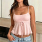 Women Adjustable Spaghetti Strap Cami Top Floral Jacquard Front Tie Lace Ruffle Hem Cropped Summer Casual Tank Top