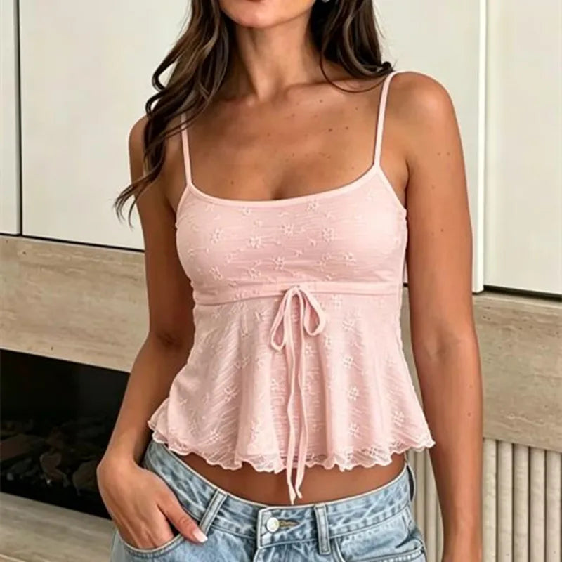 Women Adjustable Spaghetti Strap Cami Top Floral Jacquard Front Tie Lace Ruffle Hem Cropped Summer Casual Tank Top