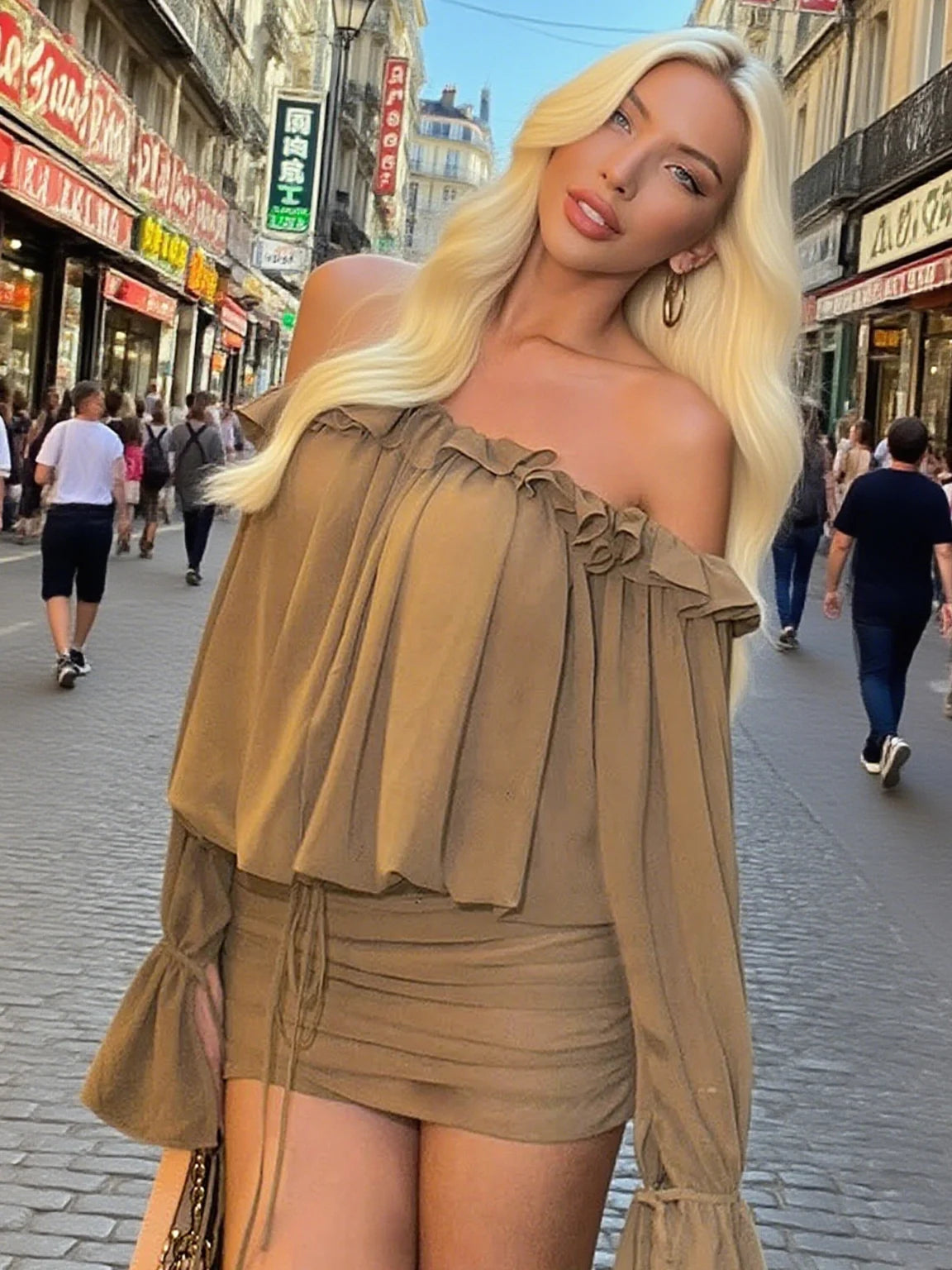 Sexy See Through Dress Women Slash Neck Drawstring Butterfly Sleeve Ruffles Ruched Skinny Peach Hip Clubwear Bodycon