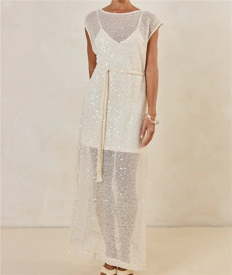 Women's Sequin Long Dress Summer Fashion Short Sleeve Solid Loose Fit Gown with Side Slits Sparkly Sheer Knit Sundress