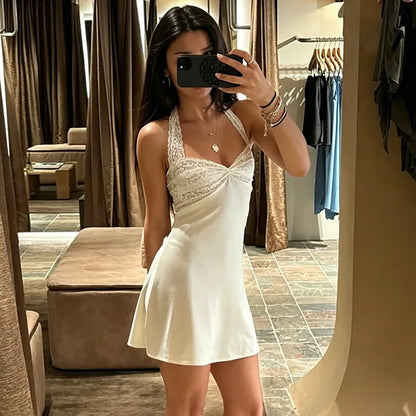 Lace Trim Halter Backless Mini Dress Sexy White Dresses for Woman Clothing