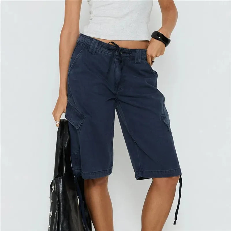 Women's Y2K Low Waist Cargo Bermuda Shorts Drawstring Tie Hem Knee Length Pants with Pockets Casual Loose Fit Streetwear