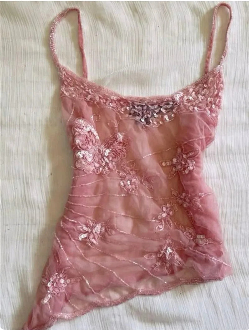 Sexy Sequin Slim Fit Irregular Strap Tank Crop Tops Versatile Sexy Hot Girl Summer Mesh See Through Sleeveless Tee Shirt