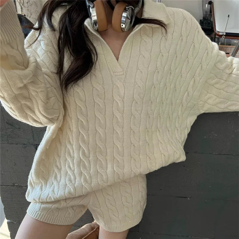 Women Cable Knit 2 Piece Set Oversized V Neck Long Sleeve Sweater + Shorts Casual Fall Winter Loungewear Matching Outfit