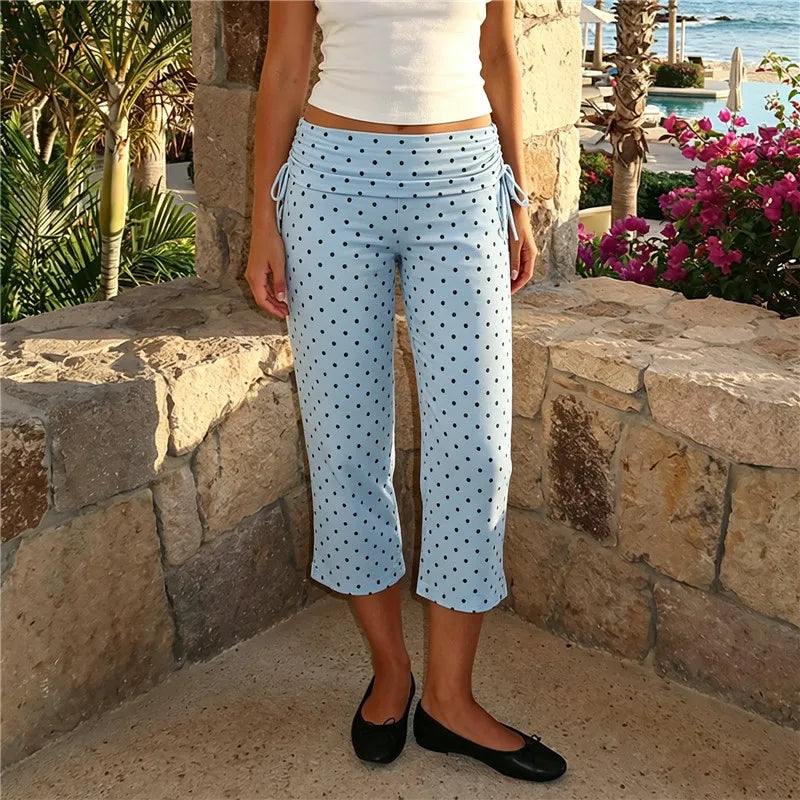 Women Y2K Trendy Low Waist 3/4 Length Capri Trouser Fold Over Waist Tie Side Drawstring Slim Fit Streetwear Lounge Pants