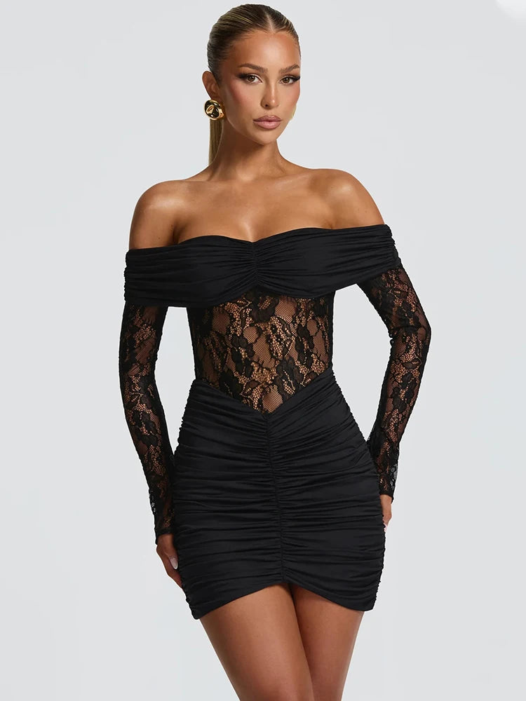 Off-shoulder Strapless Backless Sexy Mini Dress Women Gown Elegant Lace See Through Long Sleeve Ruched Club Party Dress