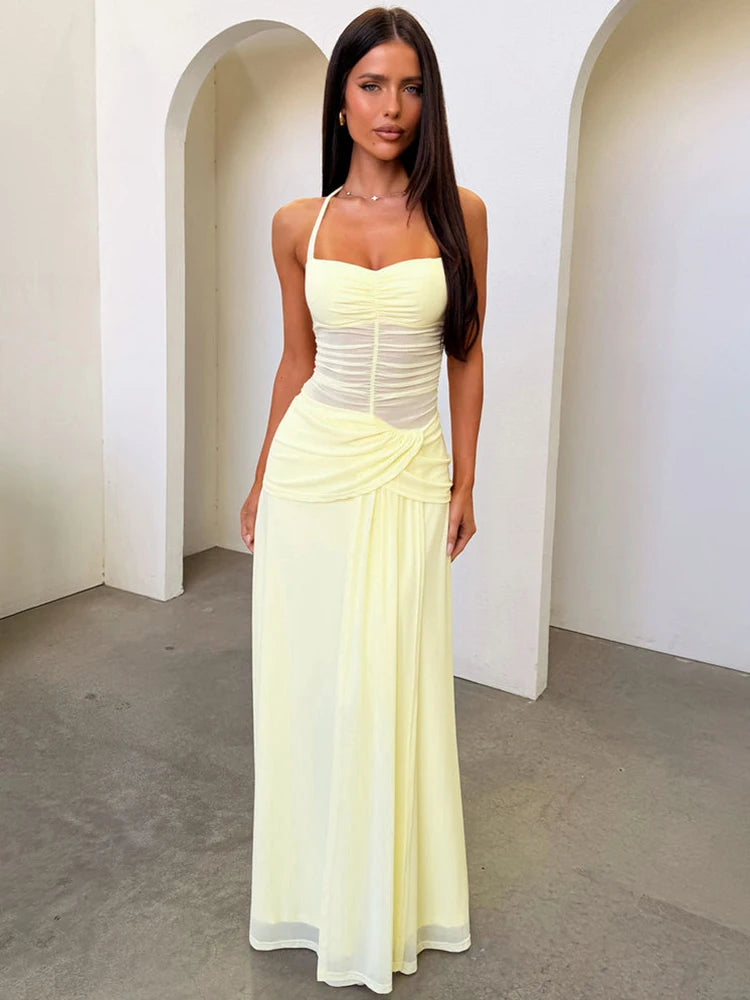 Halterneck Mesh Backless Sexy Maxi Dress Women Elegant Off-shoulder Sleeveless Bodycon Ruched Club Party Long Dress