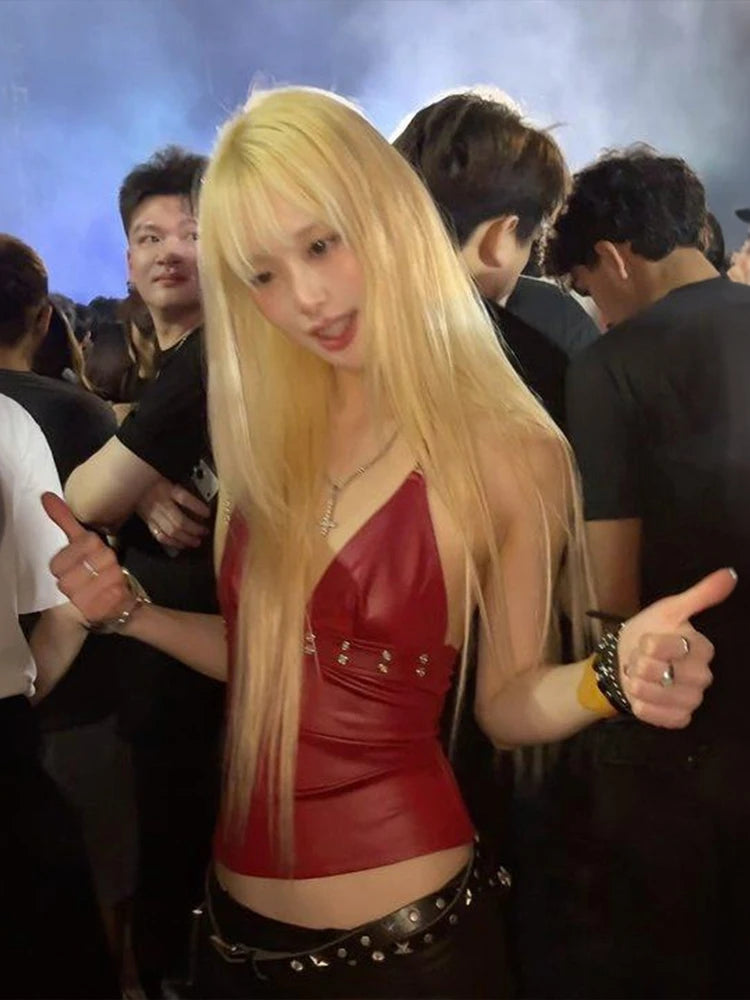 Sexy Metal Decoration Camisole Women v-Neck Faux Leather Midnight Hottie Music Festival Wild Fashion Classic Streetwear