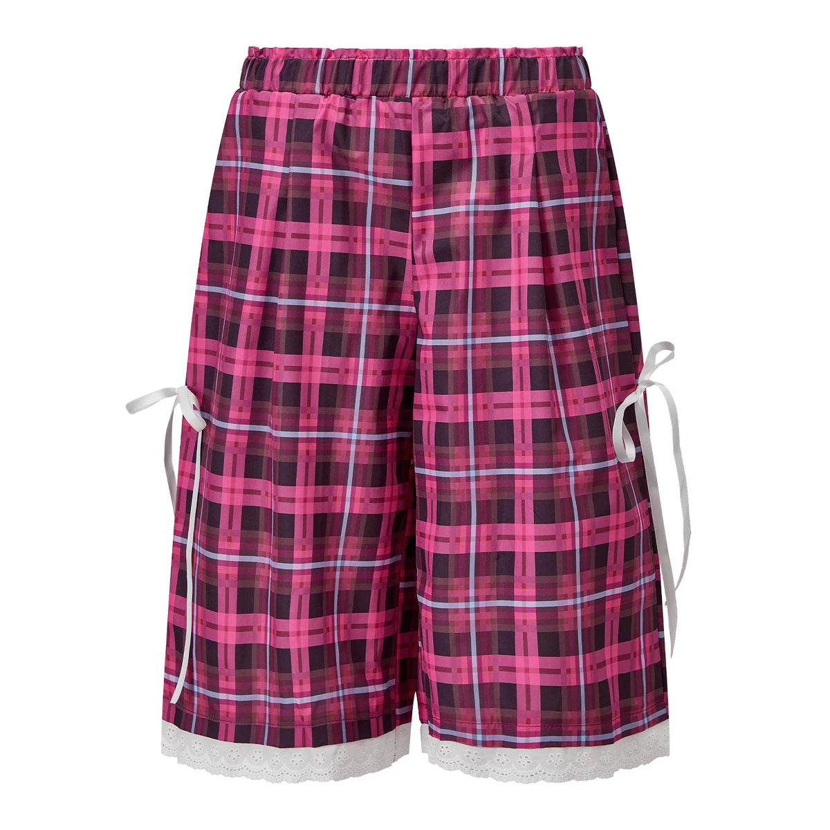 Women Bermuda Shorts Camo Plaid Print Elastic Waist Lace Trim Bow Decor Loose Baggy Knee Length Casual Street Shorts