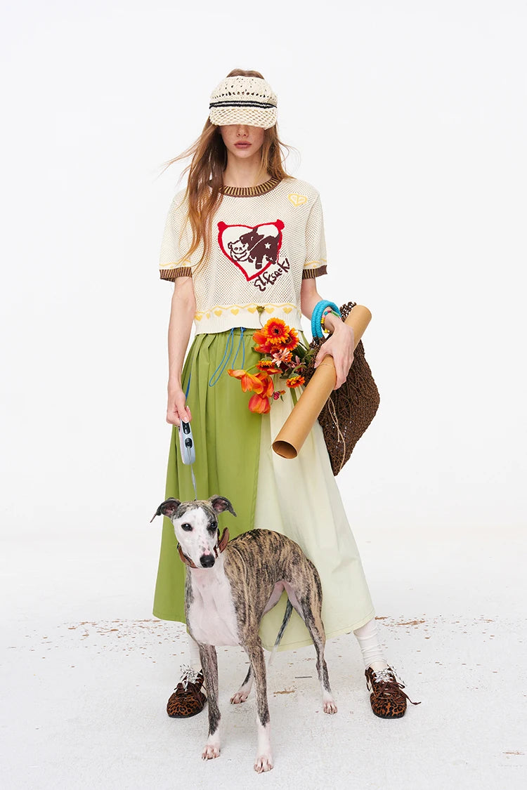Women's Crochet Knitwear with Heart Animal Pattern, Short Sleeve Color Block Trim Top, Casual Retro Tee for Summer
