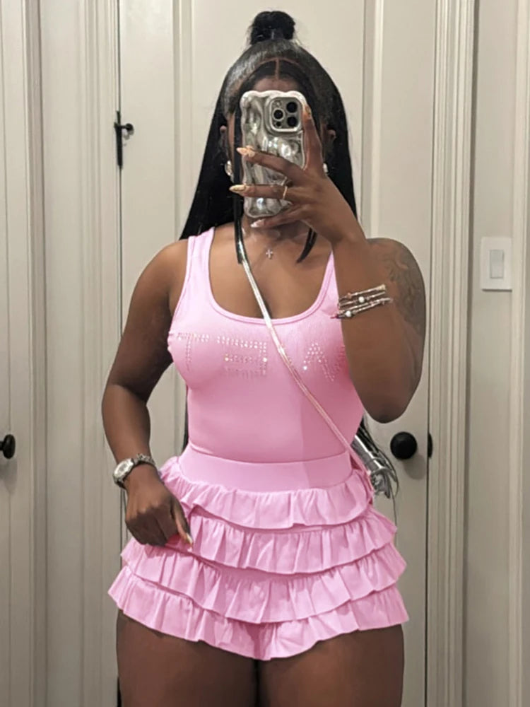 Sexy Fashion 2 Piece Set Women Rhinestones Letter Print Tank Tops+Ruched Tierred Shorts Hot Girls Hipster Streetwear