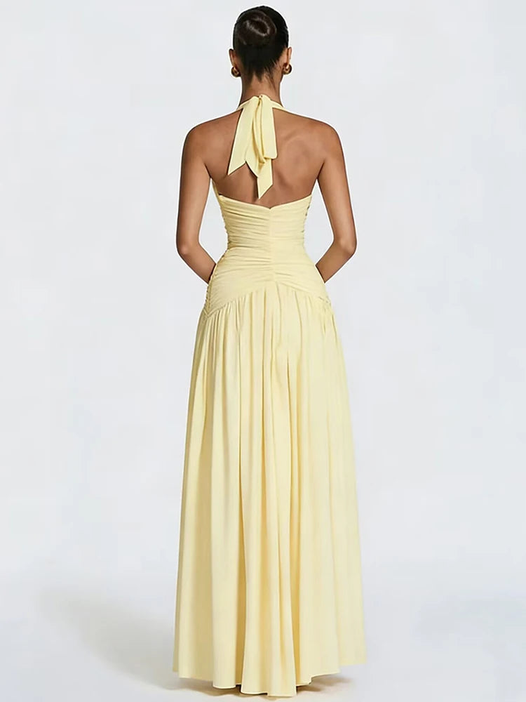 Halter Deep V Neck Sexy Maxi Dress Women Elegant Off-shoulder Sleeveless High Split Pleated Club Party Long Dress