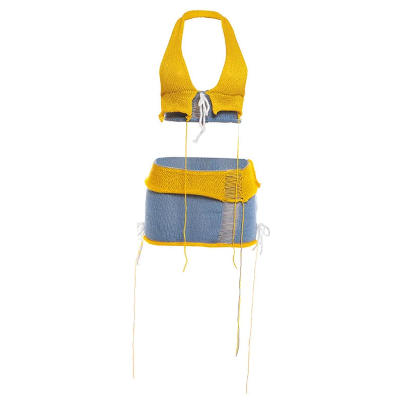 Blue and Yellow Hollow Knit Two Piece Set Woman Summer Beach Outfits 2026 Sexy Halter Top Skirt Matching Sets