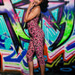 Art Print 2 Piece Set Woman Low-Neck Backless Single-Breasted Camisole Tops+Skinny Peach Hip Crop Pants Sexy Suits