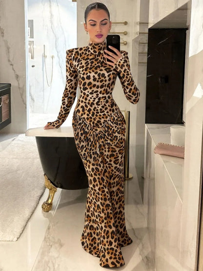 Sexy Leopard Evening Party Dresses Winter Clothes Woman Turtleneck Hollow Backless Long Sleeve Maxi Dress