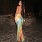 Colorful Print Cowl Neck Backless Fishtail Maxi Dress Sexy Elegant Party Dresses for Woman Clothing