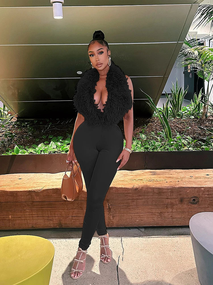 Sexy 2 Piece Set Women Tracksuit Hipster Backless Halter Furry Tank Tops+Leggings Matching Streetwear Fashion Outfits