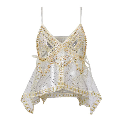 Women Y2K Sequin Mesh Tank Top Glitter Floral Embroidered Cami Crop Top Coquette Sleeveless Backless Rhinestone Camisole
