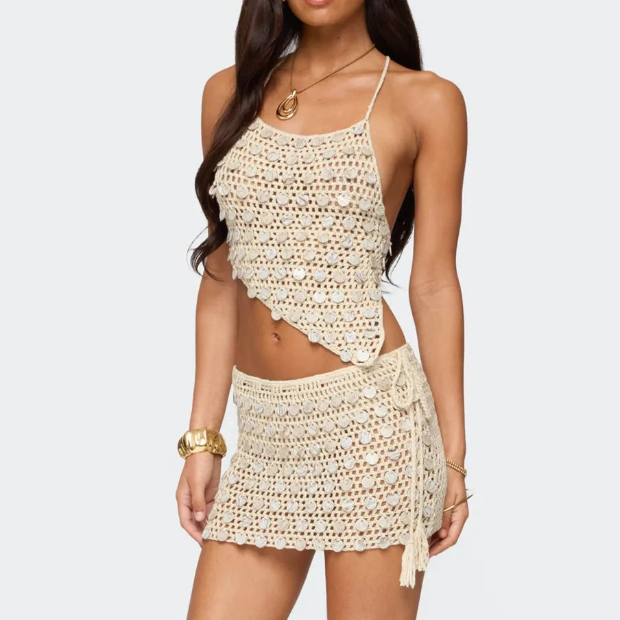 Women Y2K Crochet Mini Skirt Outfit Backless Asymmetric Hem Halter Top and Bodycon Skirt Festival Matching Set