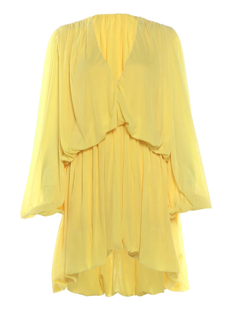 Sexy Deep V-Neck Dress Women Fashion Puff Sleeve Ruched Ruffled Patchwork Irregular Hem Elegant Party Club Bodycon
