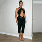 Women Halter Neck Tie Back Jumpsuit Lace Cutout Waist Bodycon Capri Pants Sleeveless Slim Club Party Night Out Outfit