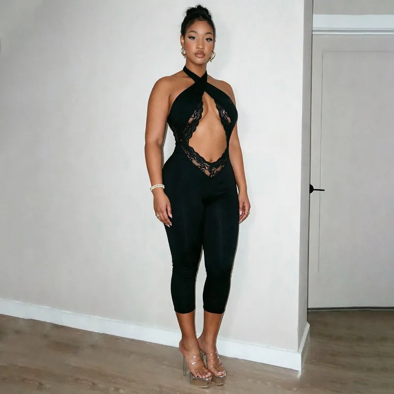 Women Halter Neck Tie Back Jumpsuit Lace Cutout Waist Bodycon Capri Pants Sleeveless Slim Club Party Night Out Outfit