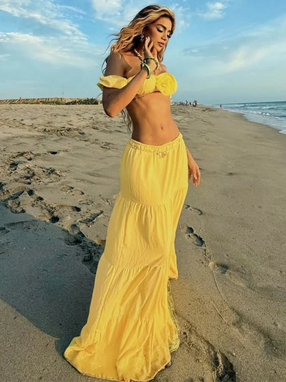 White 2 Pieces Set for Woman Beach Vacation Outfits Off Shoulder Tube Top and Long Skirt Matching Sets