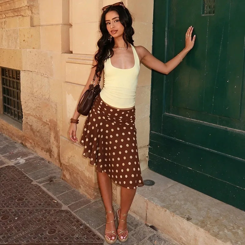 Brown and White Polka-dot Asymmetrical Midi Skirt for Woman Clothing