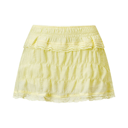 Women Lace Ruffle Tiered Mini Skort Elastic Waist Low Rise Flowy Micro Skirt Y2K Summer Casual Skirt With Inner Shorts