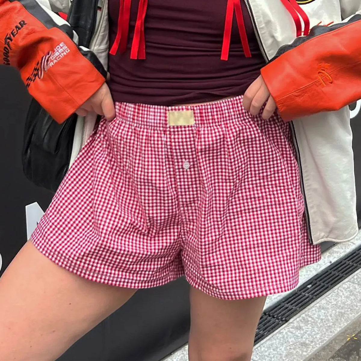Women Y2k Gingham Boxer Shorts Stripes Button Elastic Waist Boxers Cute Mini Bloomers Plaid Loose Fit Boy Shorts