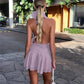 Elegant Halter Neck Mini Dress Backless Pleated High Waist Layered Ruffle Hem Solid Color Short Dress Party Club Outfit