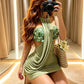 Sequin Summer Trend Dress Women Patchwork Folds Backless Sleeveless Halter Sexy Midnight Hottie Party Street Mini Bodycon