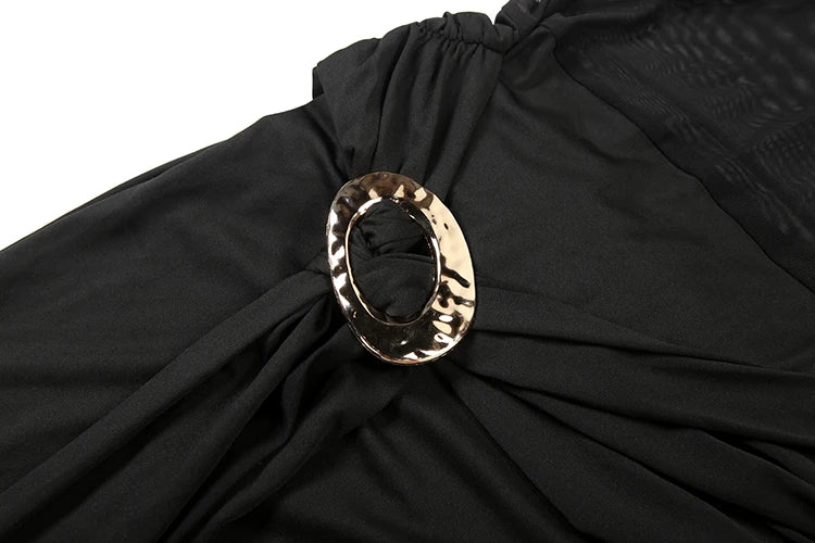 Halter Dress Women Mesh Patchwork Lace-Up Metal Ring Ribbon Ruched Elegant Skinny Stretch Backless Sleeveless Bodycon