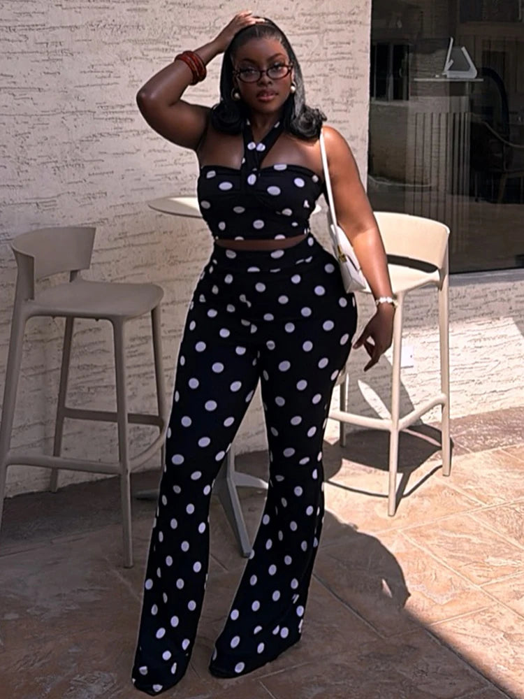Sexy Fashion 2 Piece Set Woman Polka Dot Print Halter Backless Tank Tops+Elastic Waist Pants High Street Style Suits