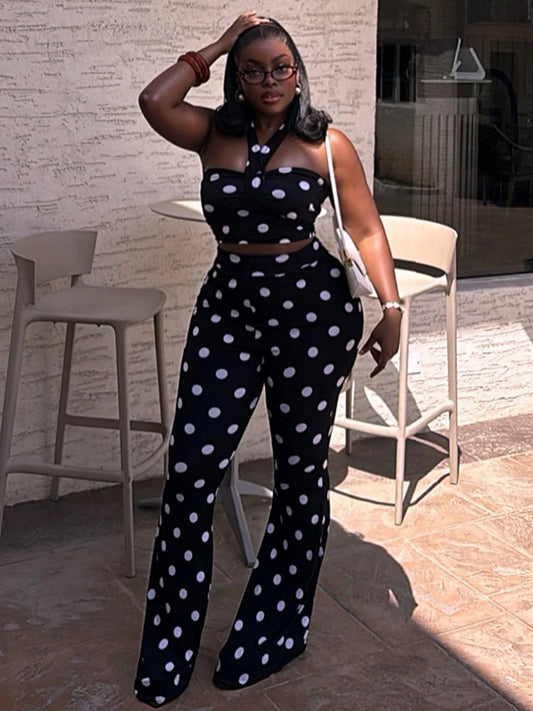 Sexy Fashion 2 Piece Set Woman Polka Dot Print Halter Backless Tank Tops+Elastic Waist Pants High Street Style Suits